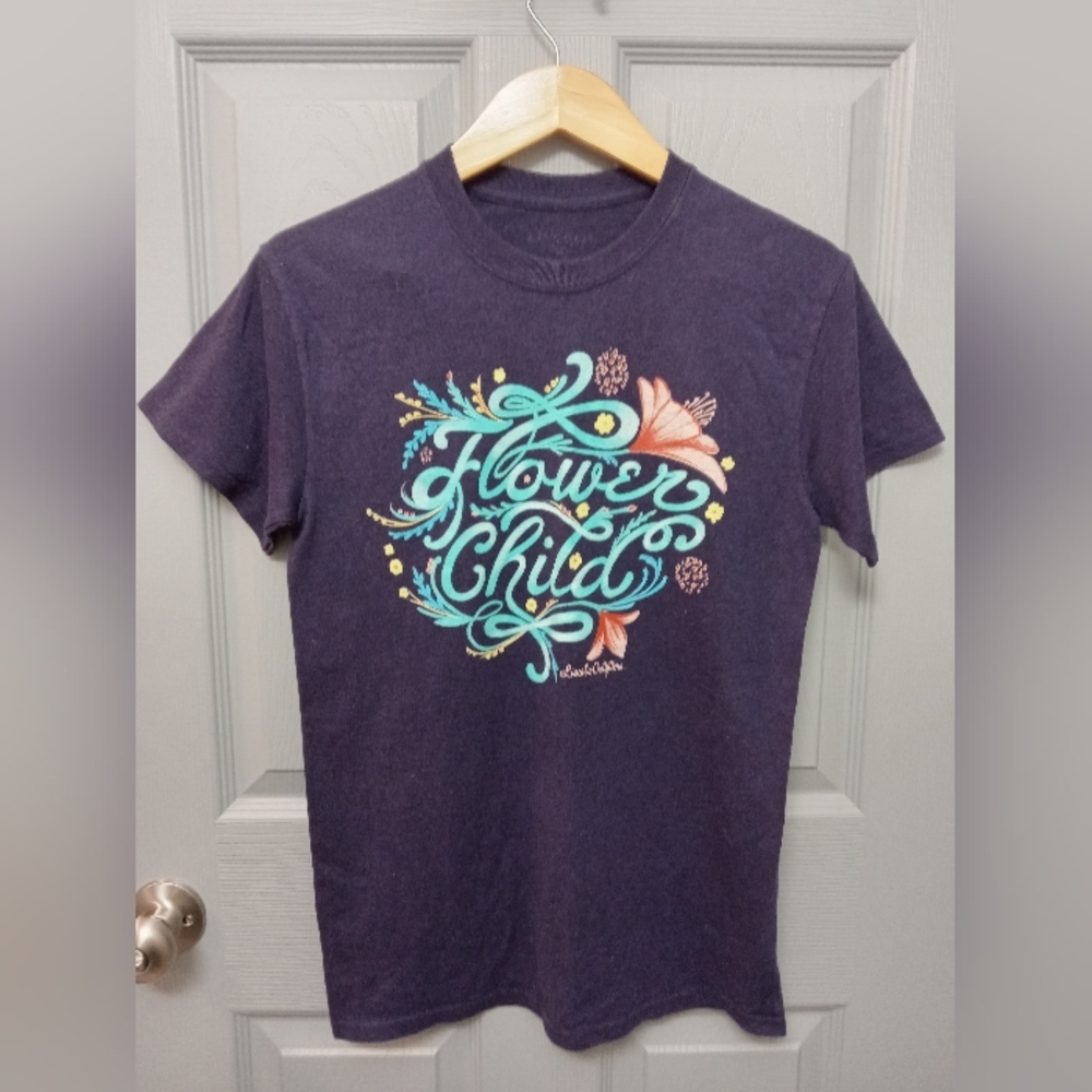 Womens Dark Blue T-Shirt - Flower Child Design